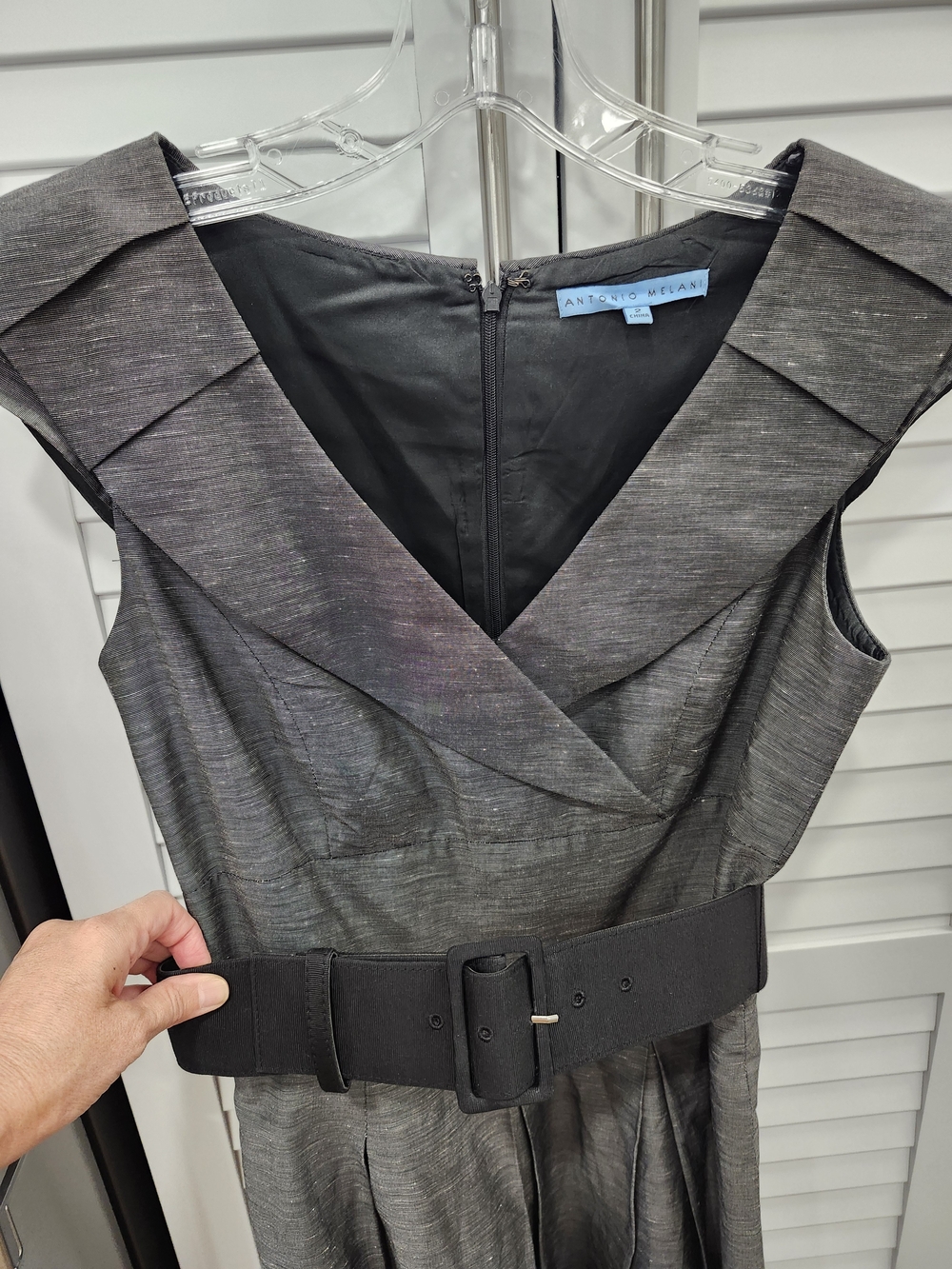 ANTONIO MELANI Charcoal Gray V‑Neck Belted Asymmetrical Dress